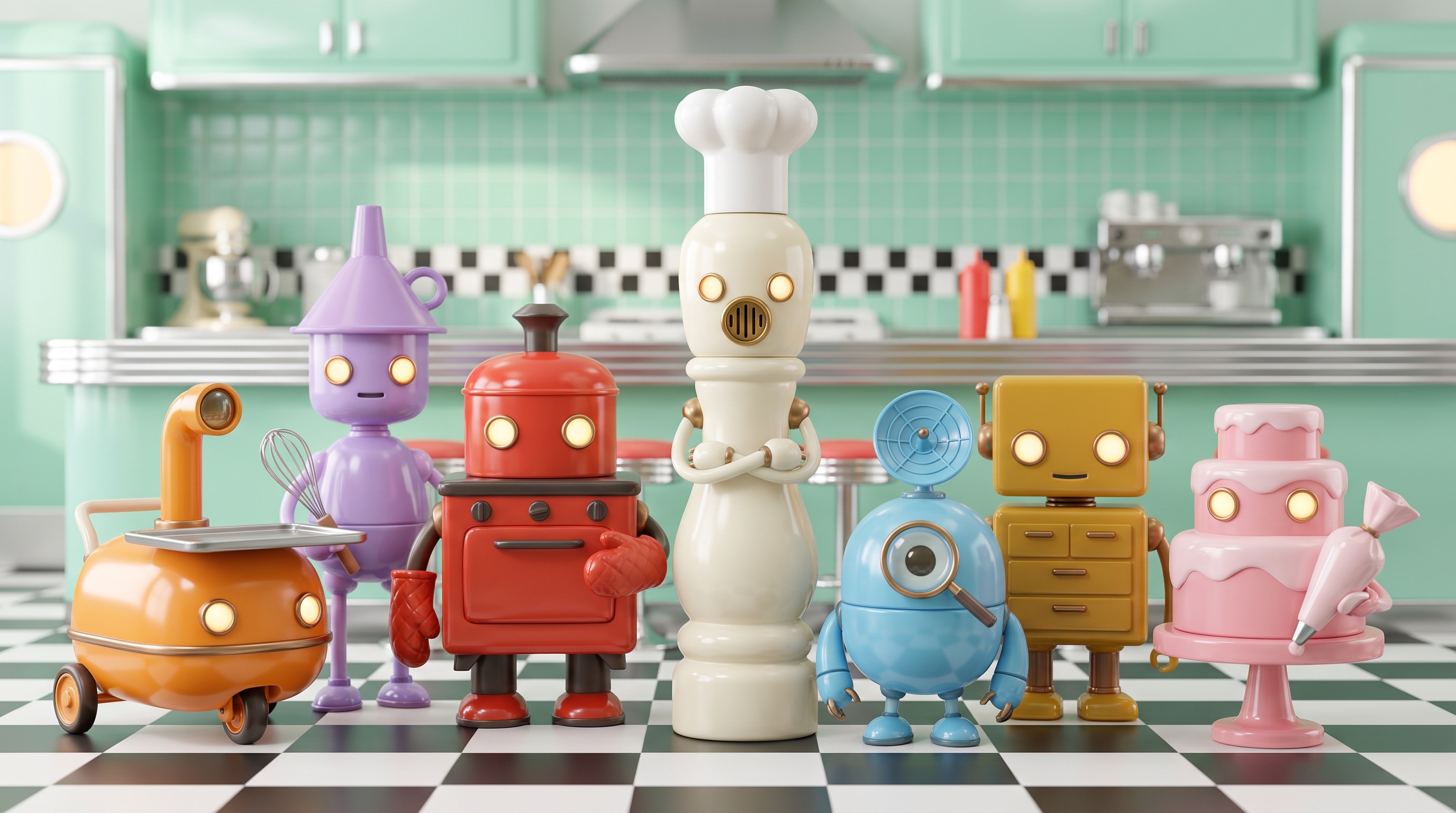 Seven toy-like kitchen machines standing in a mint green diner kitchen, each a different shape and colour.